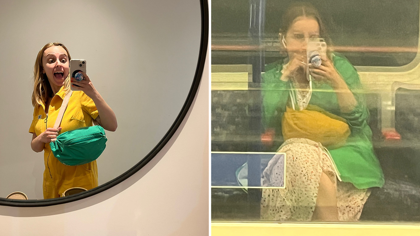 L: Hannah reflected in a round mirror, excited about her raincoat folded in a small bag. R: a blurry photo of Hannah reflected in a tube train window, wearing her green raincoat