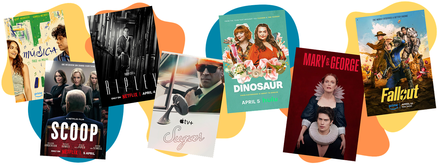 What to watch this week on streaming including Musica, Scoop, Ripley, Sugar, Dinosaur, Mary and George, and Fallout