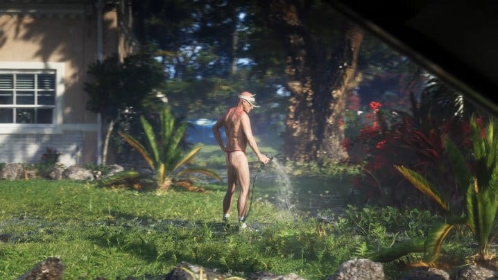 A man waters his lawn in his underwear in Grand Theft Auto VI.