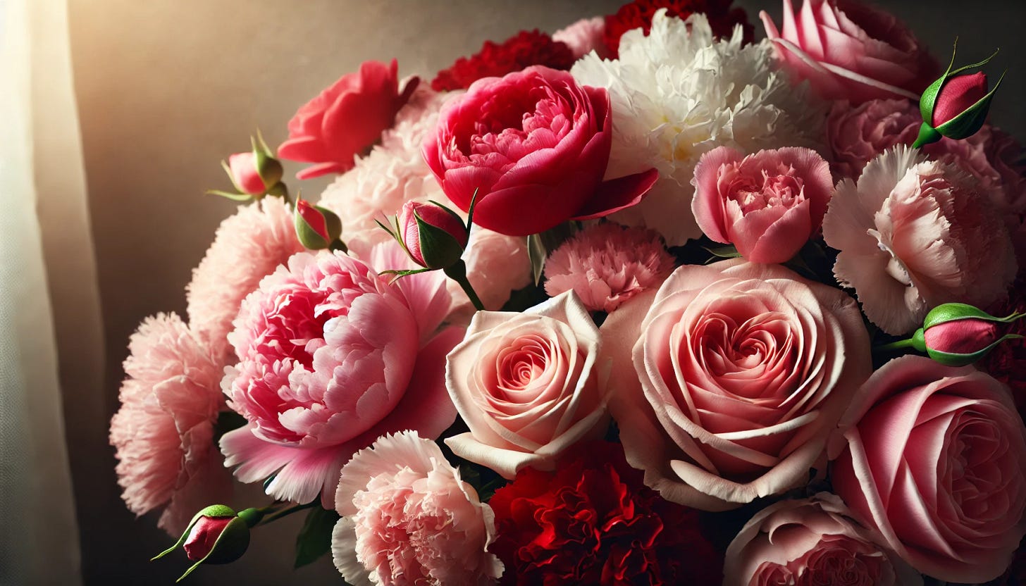 A close-up view of a bouquet of flowers in pink, red, and white, perfect for Valentine's Day. The image showcases roses, peonies, and carnations in full bloom, with soft lighting that highlights the delicate textures of the petals. The composition is romantic and elegant, filling the frame with rich floral details.