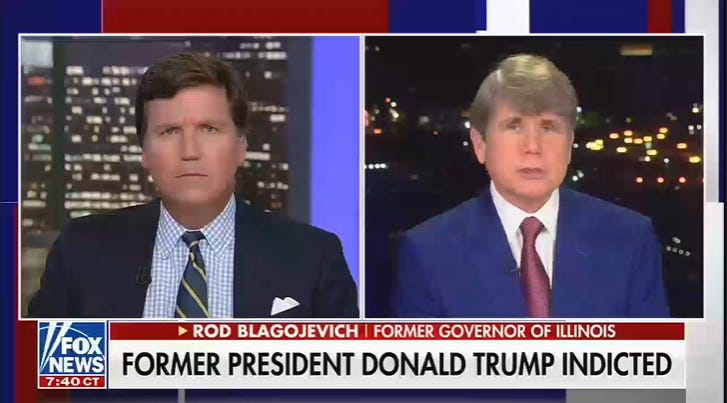 A screenshot from Fox News' Tucker Carlson Tonight

Tucker Carlson is interviewing disgraced former Governor of Illinois, Rod Blagojevich