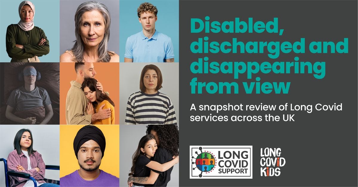 Image shows the front cover of the LCS and LCK report. On the left side are 9 squares, each filled with a photo of 1 or 2 people. On the right hand side is the title "Disabled, discharged and disappearing from view: a snapshot review of Long Covid services across the UK" and Long Covid Support and Long Covid Kids