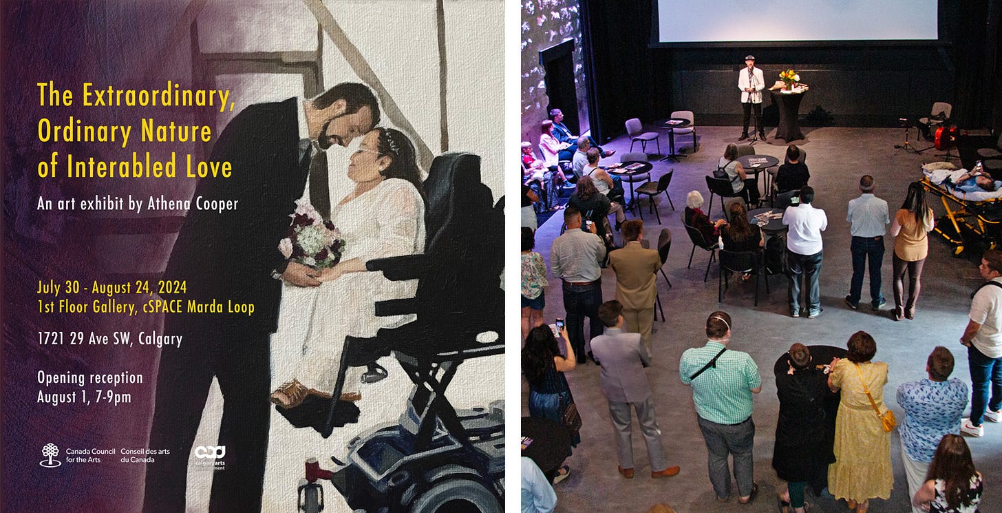 Left: Promo postcard for "The Extraordinary, Ordinary Nature of Interabled Love" over the painting of Athena and Stefan at their wedding. Right: Photo of Stefan addressing a large crowd of people at the exhibit's opening reception.