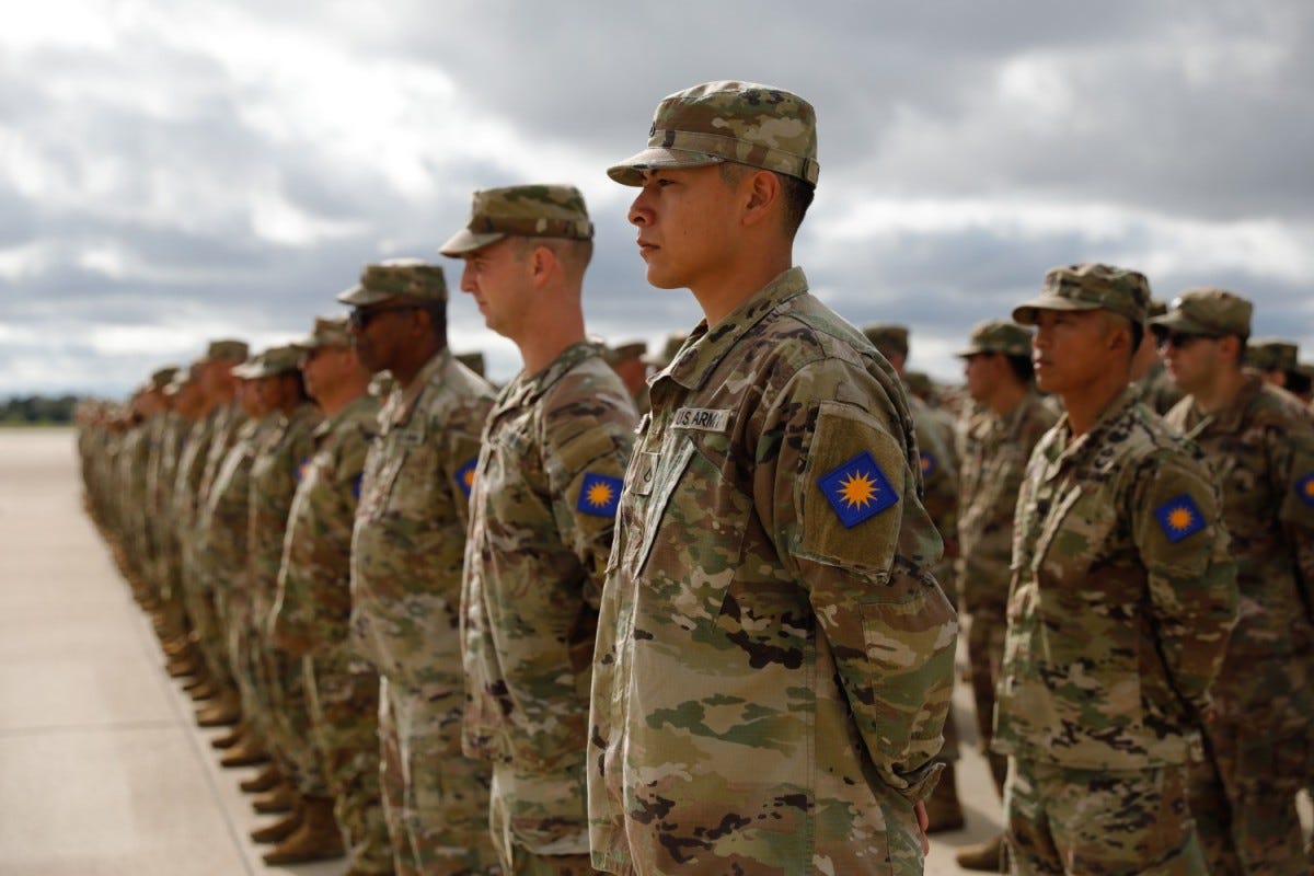 U.S. Army Soldiers stand in formation during the 40th Infantry Division deployment ceremony at Joint Forces Training Base Los Alamitos, Calif., June 11, 2023. The 40th Infantry Division will take part in peacekeeping Operation Spartan Shield in...