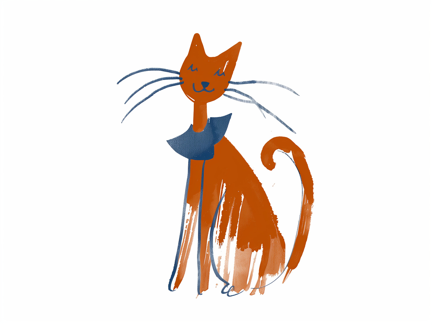 A simple, whimsical illustration of a ginger cat with a blue collar. The cat has a happy expression, long whiskers, and sits with its tail curled around its body.