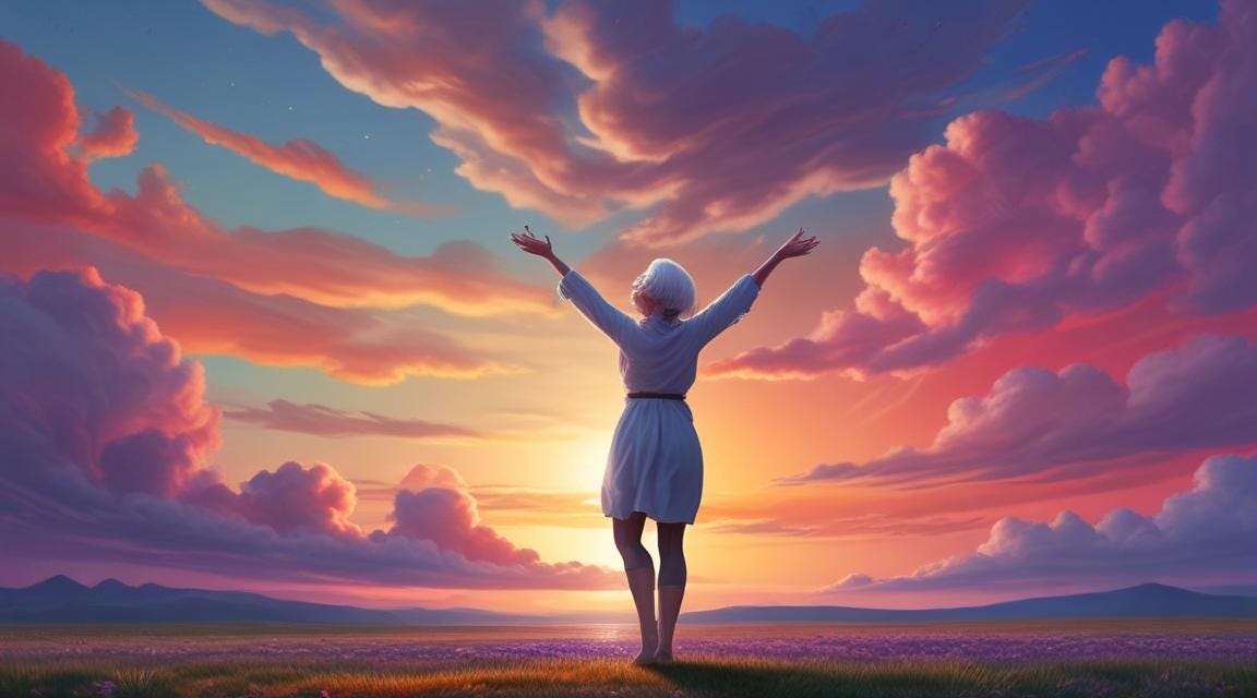  beautiful silver-haired middle-aged woman with her feet on the ground, her arms raised to the sky and her face turned up to a beautiful multi-colored sky