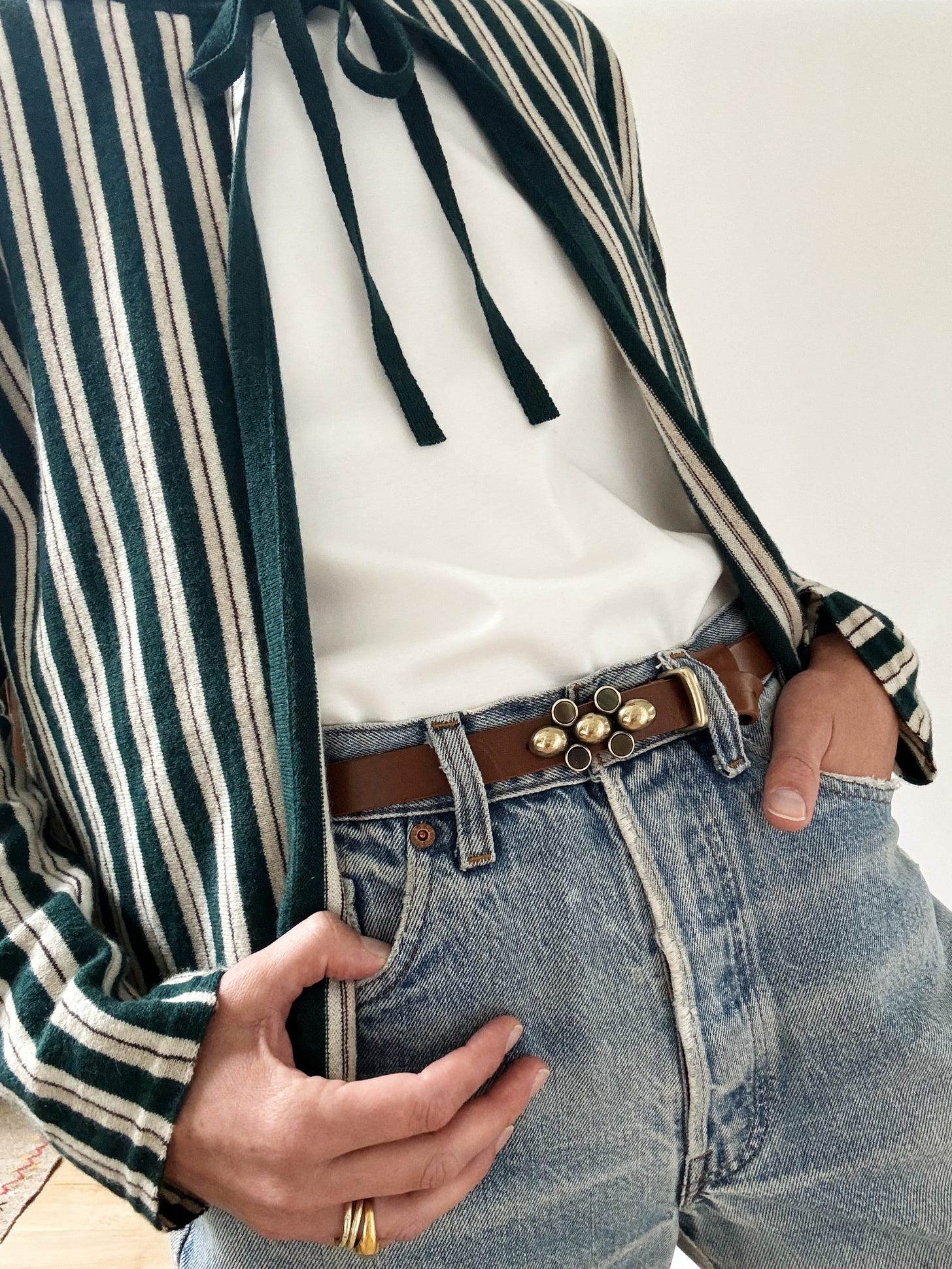 Bode striped cardigan, white t-shirt, Isabel Marant belt