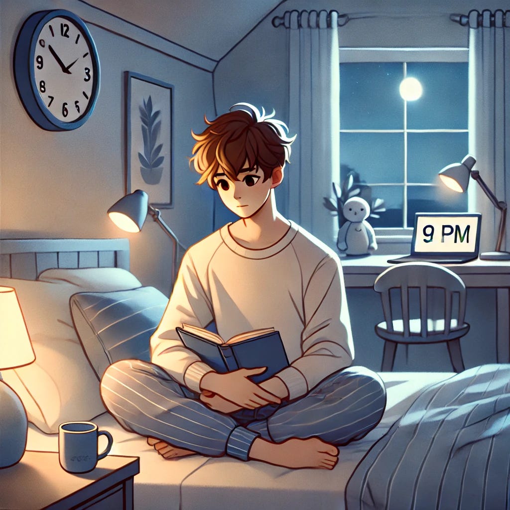 A young adult with ADHD, sitting in a cozy bedroom. The character has short messy hair, wearing comfortable pajamas and sitting cross-legged on the bed, holding a book. The room has soft lighting, a warm atmosphere with a clock on the wall showing 9 PM. There is a laptop on a desk turned off, symbolizing no work, and a calming tea mug on a nightstand. The character is engaged in reading and winding down for bed with a relaxed expression. In the background, a window with a night sky and some stars can be seen. The room has soft blue and warm tones, giving a peaceful vibe.