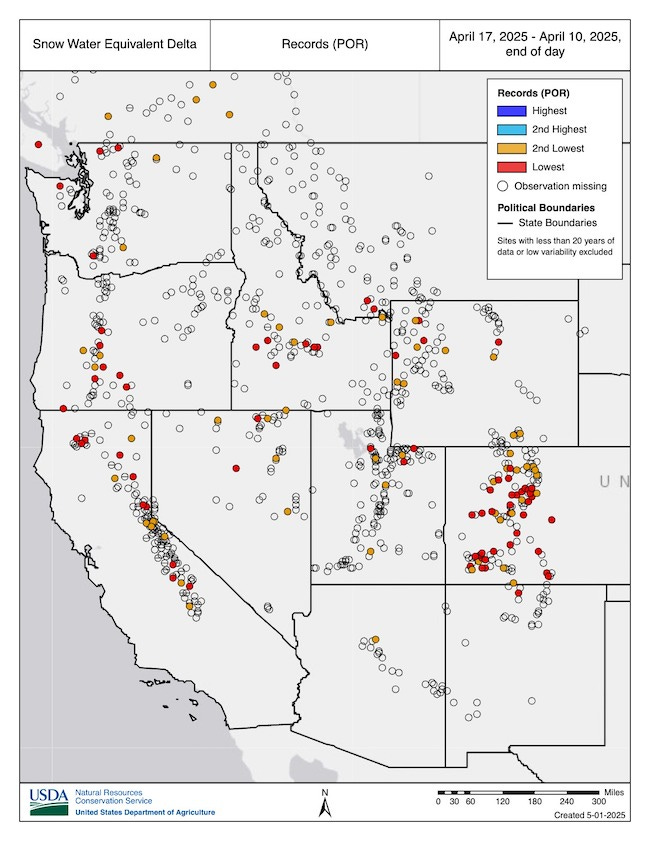 Many SNOTEL stations across Colorado saw the largest decrease in SWE on record between April 10-17. Many SNOTEL stations across Colorado saw the largest decrease in SWE on record between April 10-17.