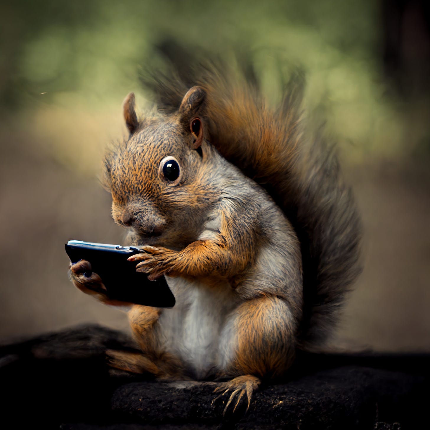 tired and hyperactive anxious squirrel looking at a phone mythopoetic