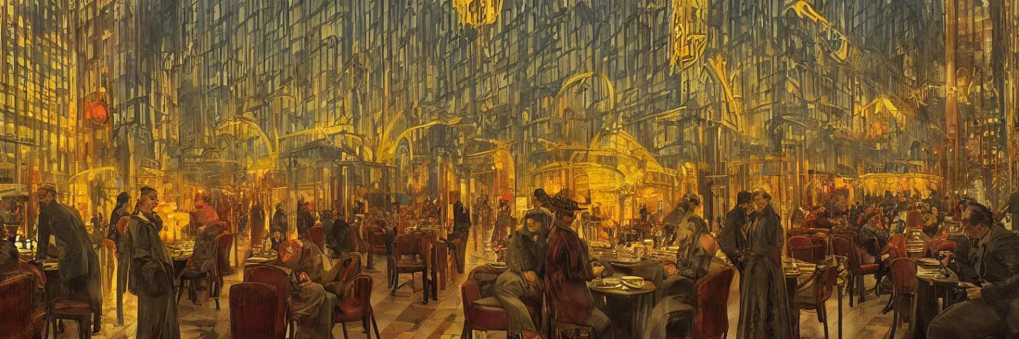 Prompt: Babylon Berlin. Night. Crowded Art deco restaurant. Berlin, late golden 1920s. Gropius. Metropolis. Mist. Highly detailed. Hyper-realistic. Cheerful. Merry mood. Warm colors. Dynamic composition. Matte painting in the style of Eddie Mendoza, Alphonse Mucha