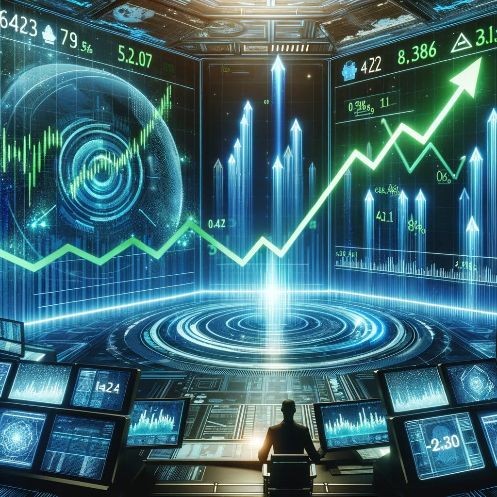 A futuristic image of stocks and shares prices going up, displayed on a high-tech, holographic screen. The environment is a modern, possibly space-themed trading floor with traders monitoring the holographic displays, showing green upward trending arrows, futuristic digital charts, and numbers. The scene should evoke a sense of advanced technology and optimism in the financial market.