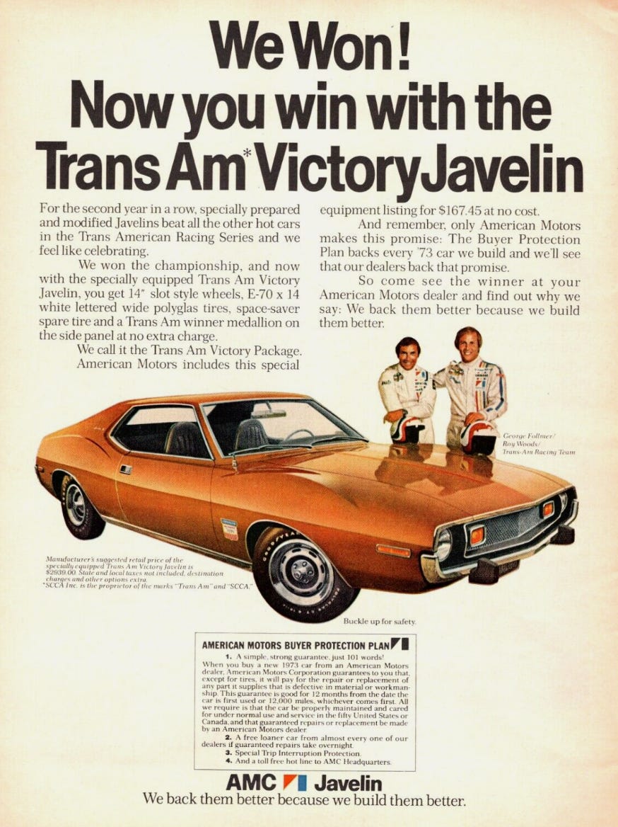 Magazine ad for a 1973 AMC Javelin car