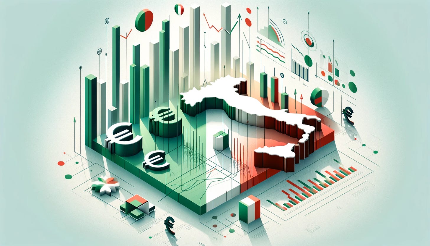 Create a rectangular, sophisticated and professional image for a background related to 'Italian NPL Securitization Update 2023'. The image should feature a stylized map of Italy, symbols of finance such as euro signs, and abstract elements that symbolize growth and data analysis, like upward arrows and bar graphs. It should have a modern and clean look with a color scheme inspired by the Italian flag (green, white, and red) but in subdued, corporate shades. This image must exclude any text to be used as a background or secondary graphic for the report.