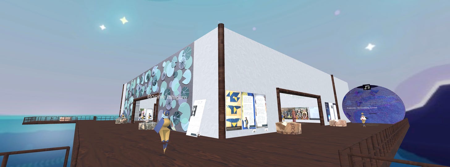 The gallery exterior showcasing wall mural, a Dome with music playing inside, and various textile upcycling ideas.
