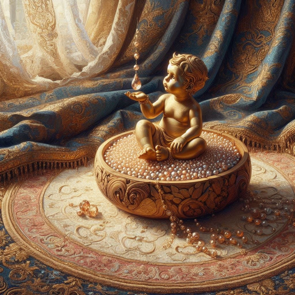 Chunky oil painting image; lensbaby focus on beautiful; painting of Olive Wood Artisan Bowl holding a  golden baby statue. sitting on a circular  cream velvet embroidered with mono pattern silk/ ottoman on an ornate oil painting Persian rug. light coral and white lace on deep prussian blue heavy curtains with gold embroidery. crystals with light glowing and shining through and dripping into the scene. it onto the  Bowl of golden baby. chunky oil paint
