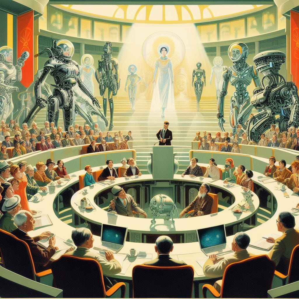 A conference space with tables circling a podium where there is a humanoid that appears to be talking.  Behind the person are very large figures of aliens and humans, cast with a halo of light.  