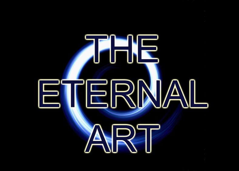 A swirl of white light edged in blue against a black background. The words “The Eternal Art” are superimposed in blue letters with white edging.