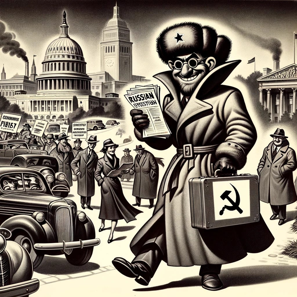 A 1930s cartoon style image depicting a Russian spy, characterized by exaggerated features such as a large overcoat, a fur hat, and a sneaky expression, clandestinely spreading false information around Washington D.C. The scene is bustling with 1930s era cars, people in period clothing, and iconic landmarks such as the Capitol building in the background. The spy is shown handing out pamphlets with false information, with a briefcase marked with a hammer and sickle, symbolizing their allegiance. The style is reminiscent of early 20th-century propaganda posters, with bold lines, exaggerated expressions, and a monochromatic color scheme to enhance the vintage feel.
