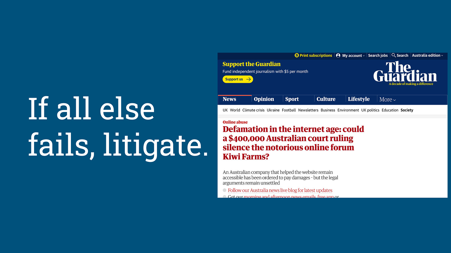 "If all else fails, litigate" citing an article from The Guardian.