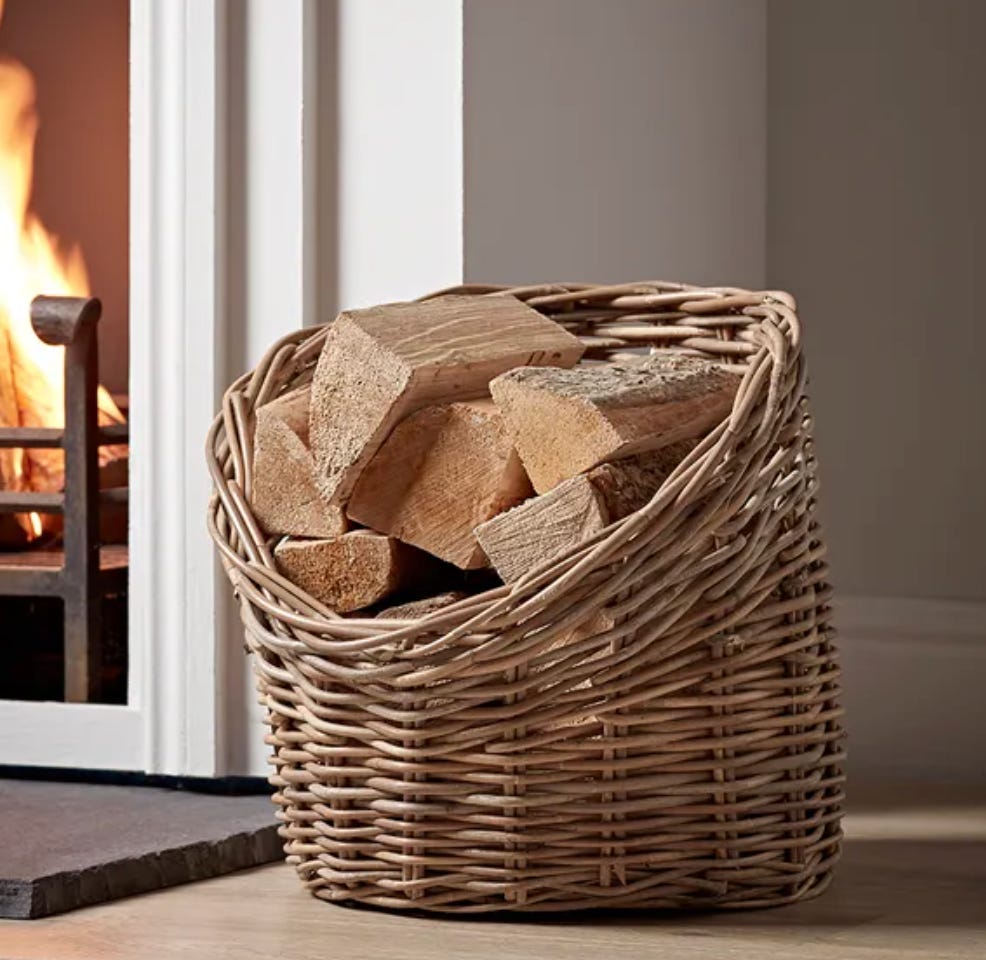 rattan log basket with lower front to easily access logs