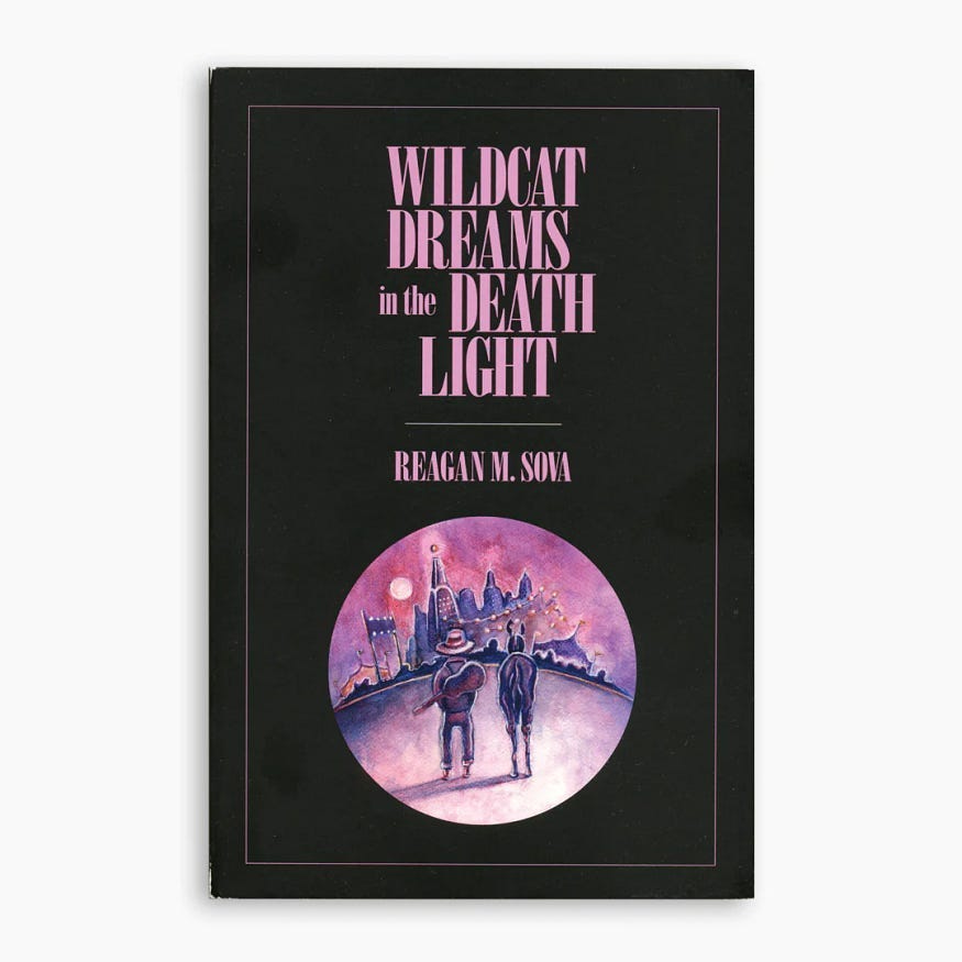 The book cover of Wildcat Dreams in the Death Light, an epic poem by Reagan M. Sova. The cover shows a mule and a man with a guitar over his back, starring at a circus.