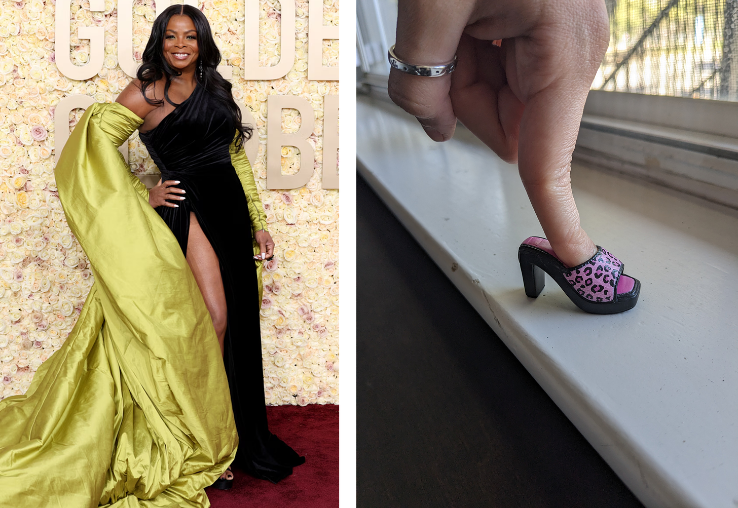 Left: Janelle. James in a black one-shoulder dress with dramatic olive sleeves. Right: 1 pink leopard print shoezie with a finger in it.