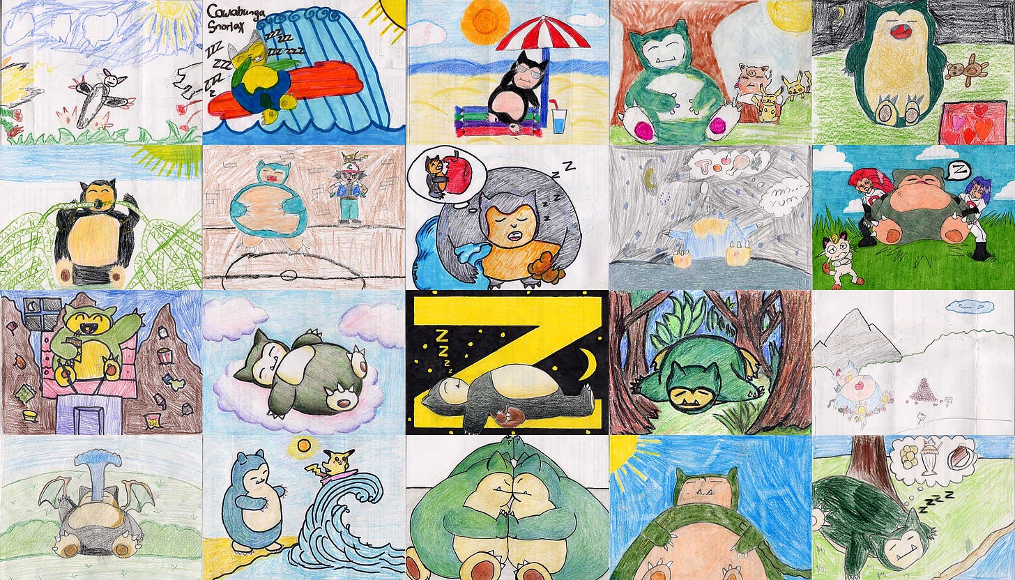 All twenty pieces of Snorlax art that were randomly selected as finalists and voted on. Any one of these had a chance to become the artwork of the Snorlax promo