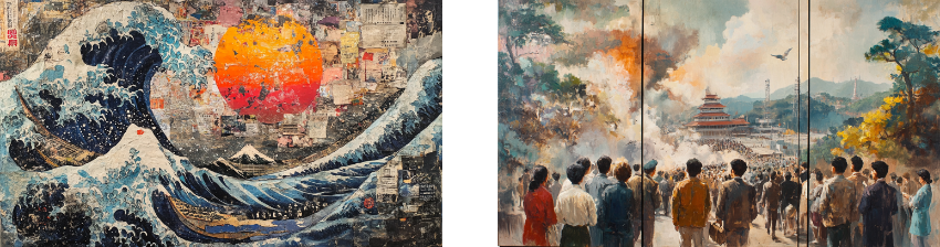 Two artistic scenes blending nature and culture: the left depicts a dramatic wave crashing against a collage background featuring Mount Fuji and a large, fiery sun, combining elements of traditional Japanese art with modern textures. The right shows a crowd gathered in a park, gazing towards a distant pagoda surrounded by mist and vibrant foliage, creating a sense of communal reverence and natural beauty.