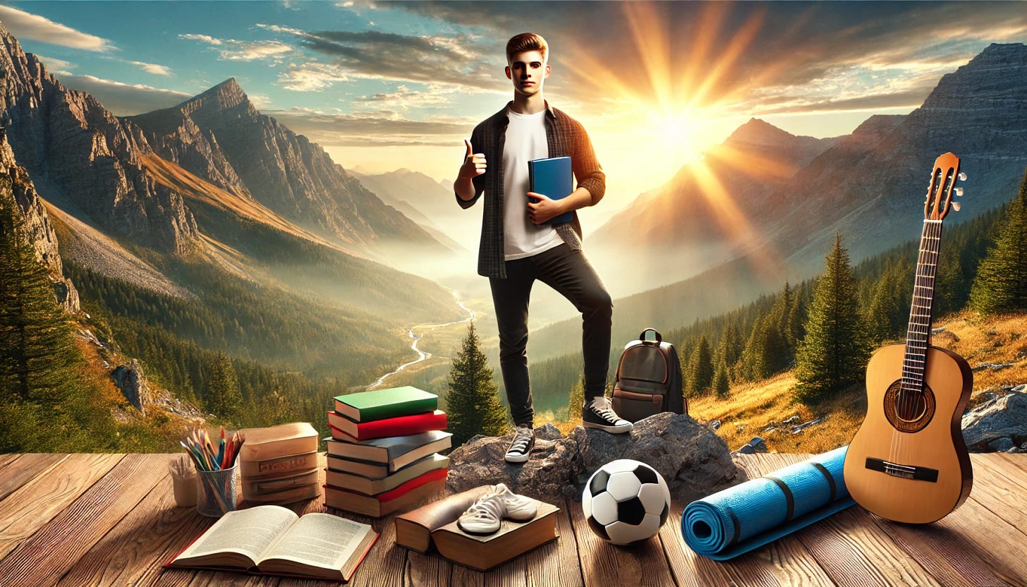 A motivational landscape image of a confident teenage student standing on a mountain peak at sunrise, holding a notebook and looking determined. Surrounding elements include books, a soccer ball, and a yoga mat, symbolizing study, sports, and self-care. A calm natural background with trees, mountains, and a clear blue sky. Warm and inspiring lighting.