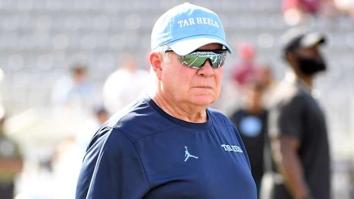 Nov 2, 2024; Tallahassee, Florida, USA;  North Carolina Tarheels head coach Mack Brown during warmups before a game against the Florida State Seminoles at Doak S. Campbell Stadium.