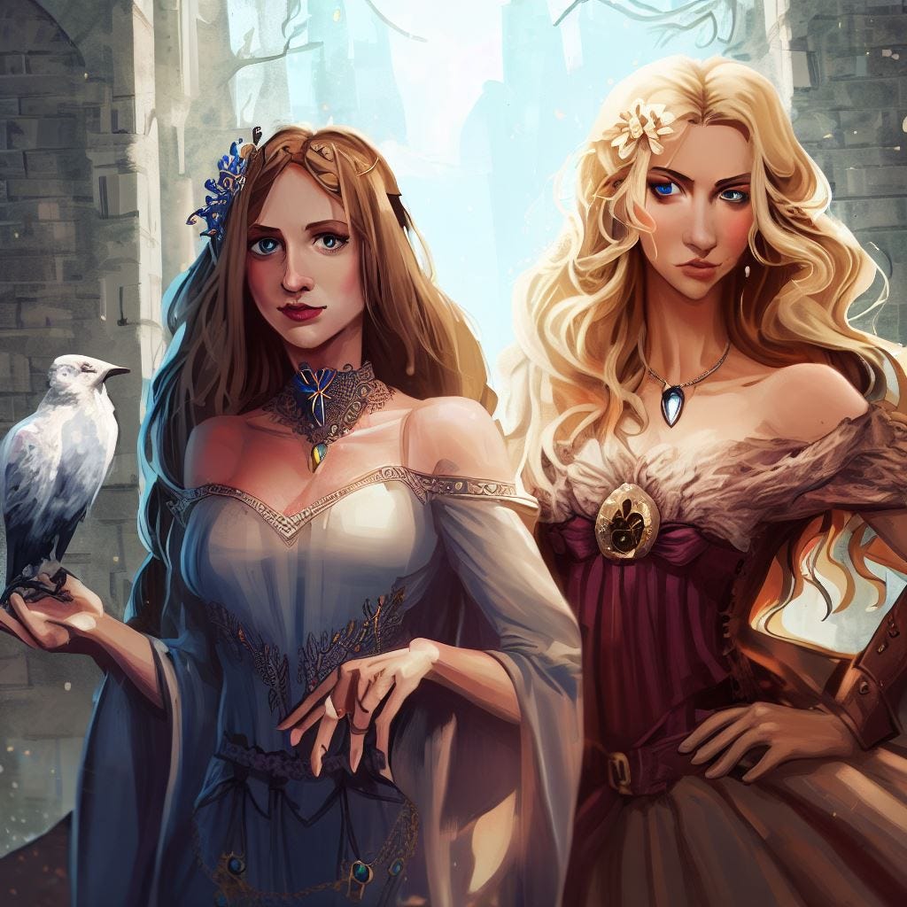 Two women in a castle. First is 27, has long light blonde hair, light blue eyes, a queen, and is shapely. Second is 18 with blonde hair, has magic, and a hawk on her shoulder. Fantasy art.
