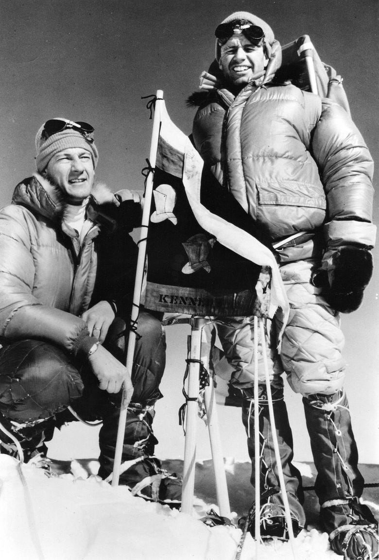 Jim Whittaker, left, and Robert F. Kennedy pose on the summit of Mount Kennedy, in Canada&#8217;s Saint Elias range, on March 24, 1965. The climb to honor slain President John F. Kennedy launched what would become a close friendship between the iconic Seattle climber and the Kennedy family.  (William Albert Allard / National Geographic Creative)