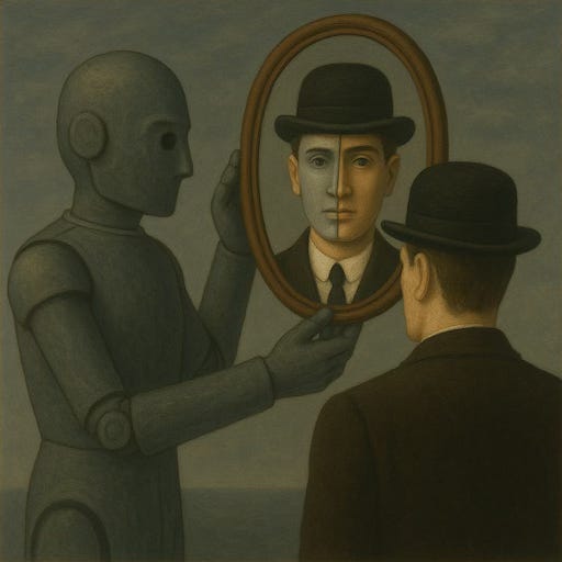 An image depicting a surrealist oil painting in the style of René Magritte shows a humanoid robot holding an oval mirror in front of a man wearing a dark suit and bowler hat. In the mirror’s reflection, the man’s face is split vertically: the left half is robotic with metallic features, while the right half is human. The background features a muted, cloudy sky and a calm sea, adding to the dreamlike atmosphere.