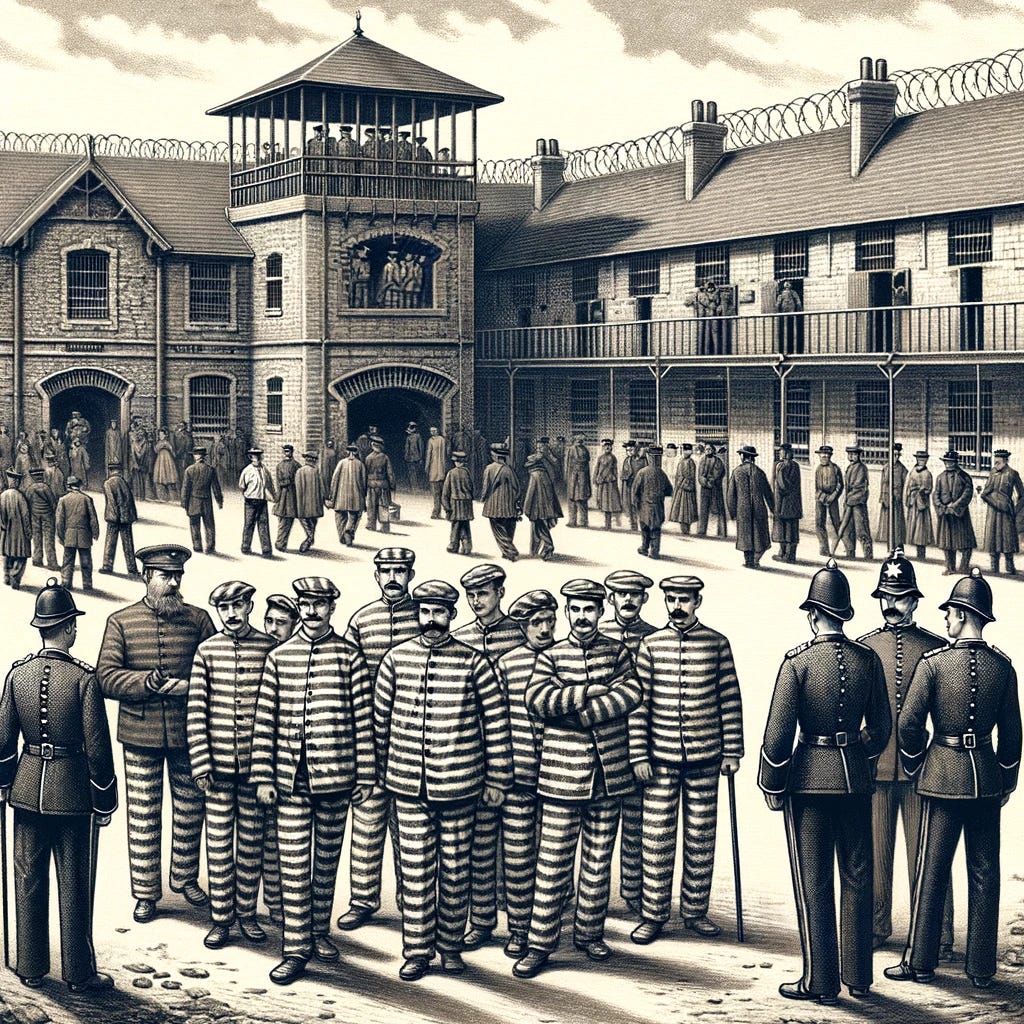 A detailed illustration depicting a prison yard from the early 20th century, around 100 years ago. The scene shows several prisoners in period-appropriate attire, such as striped uniforms, milling about or engaging in various yard activities under the watchful eyes of guards. The guards are dressed in the uniforms of the time, possibly with peaked caps and holding batons, overseeing the prisoners from a watchtower and patrolling the grounds. The prison yard is surrounded by high walls topped with barbed wire, and there's an air of strict surveillance. The background features the prison buildings, constructed in the architectural style of the early 1900s, providing a sense of the historical period.