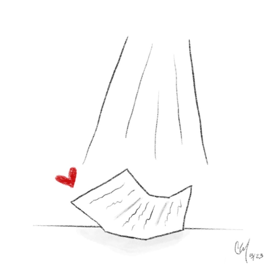 A drawing of a folded letter that's opened on a solid surface, and a heart next to it.