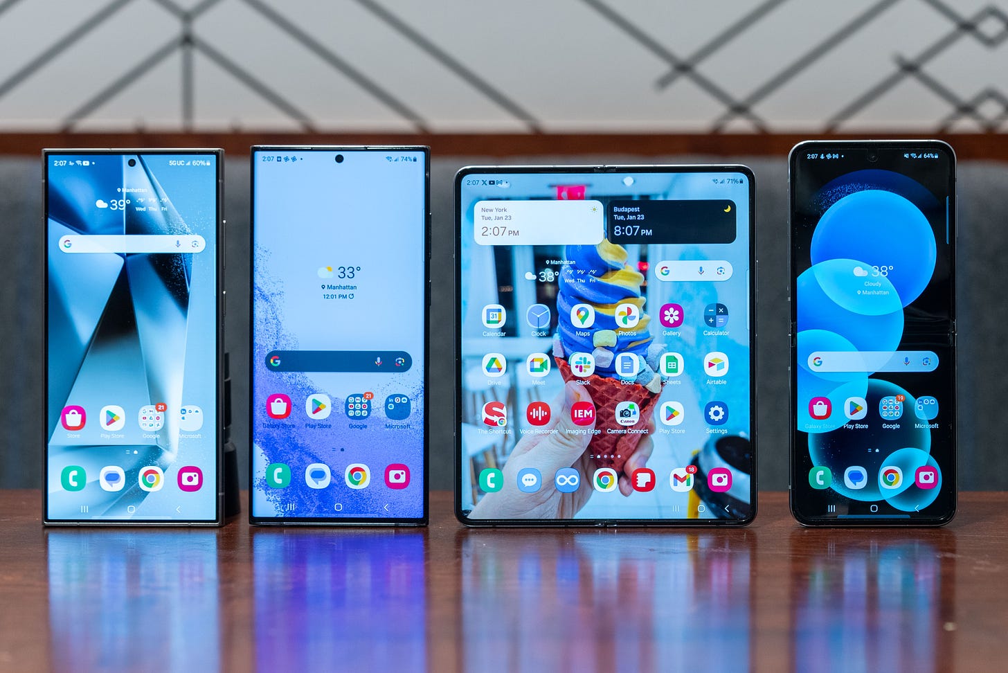 Smartphones pictured in order: Samsung Galaxy S24 Ultra, Samsung Galaxy S23 Ultra, Samsung Galaxy Z Fold 5 and Samsung Galaxy Z Flip 5 comparison