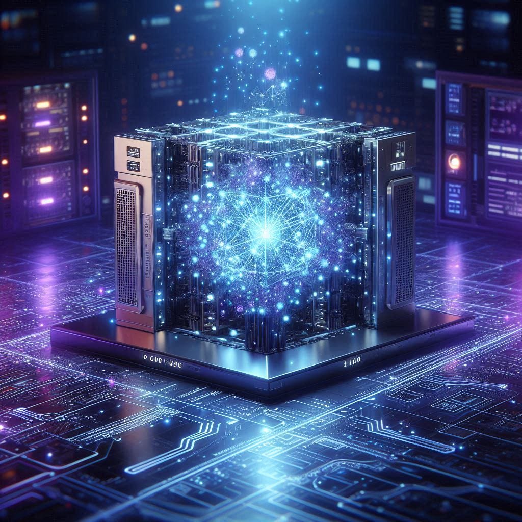 Futuristic quantum computer in a high-tech lab, glowing with golden quantum circuits and floating qubits, symbolizing the future of quantum computing technology.