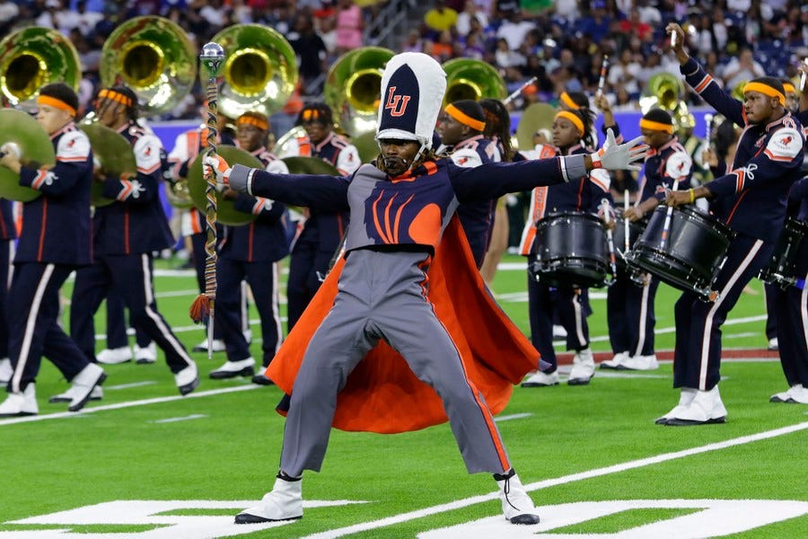 Members of a marching band perform on a football field.