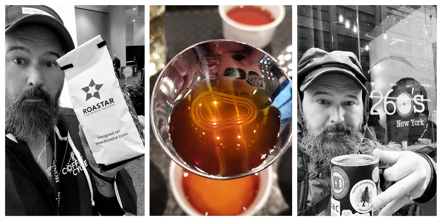 From Left: A bearded dude in a ballcap holds a white Roastar coffee package up to the camera. Center: a close-up on coffee in a coffee cupping spoon. Right: Bearded guy holds a stickered coffee mug up to the camera in front of a coffee shop. He's wearing a rain coat with the hood pulled up.