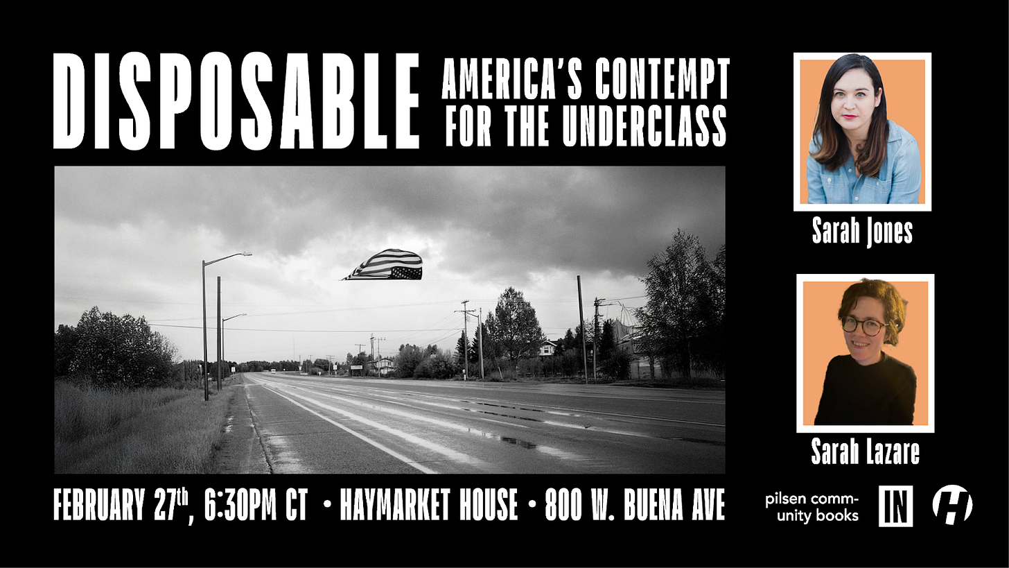 a graphic for the Disposable: America's Contempt for the Underclass event with a black and white photo of an upside U.S. flag and two photos of brown haired white women