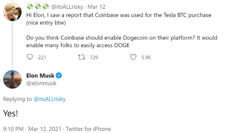 Elon thinks Coinbase should list Dogecoin