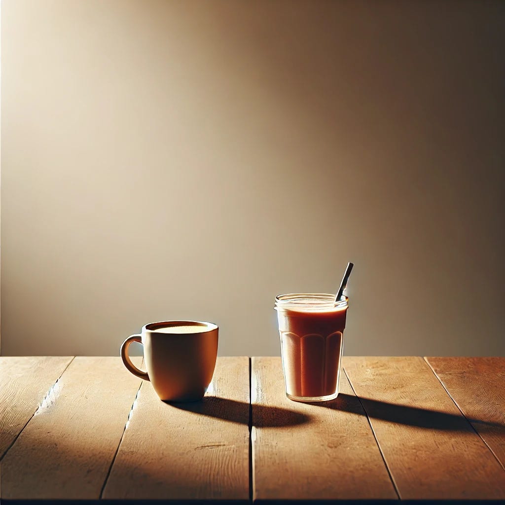 A realistic and warm aesthetic scene showing a wooden table with soft natural lighting. On the table, there is nothing except a cup of coffee and a smoothie placed symmetrically side by side. The drinks are aligned perfectly, and the lighting is brighter, creating a calm and serene atmosphere. The style is minimal, clean, and natural, with a slight vintage, photographic feel and empty space around the drinks.