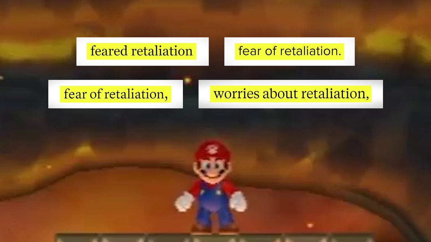 Screenshot from "Tell the Truth, Cenk" of a closeup of Nintendo's Mario standing below four article clipouts of yellow highlighted text all indicating TYT workers feared retaliation from their boss Cenk Uygur