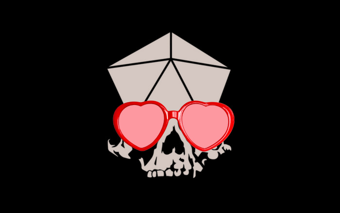 Nastygram skull logo wearing red heart shaped glasses