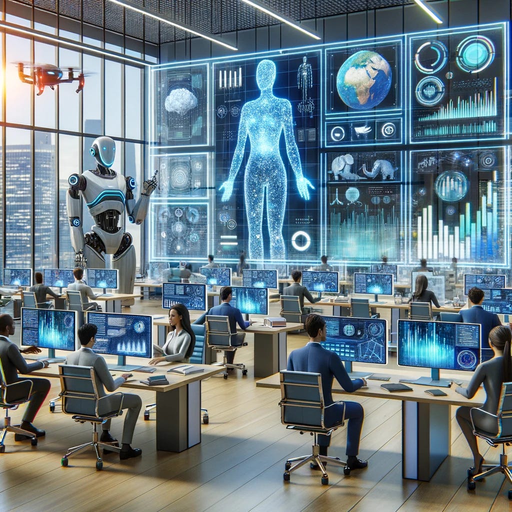 Photo of a modern financial office where AI robots work alongside diverse human employees. The robots display screens showing complex financial data while the humans are engaged in discussions. There's a central holographic display projecting futuristic financial graphs and trends. The office is filled with transparent screens, augmented reality devices, and drones carrying documents.