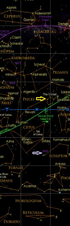 Star map Pisces and both cusps including the circlet and the South Galactic Pole