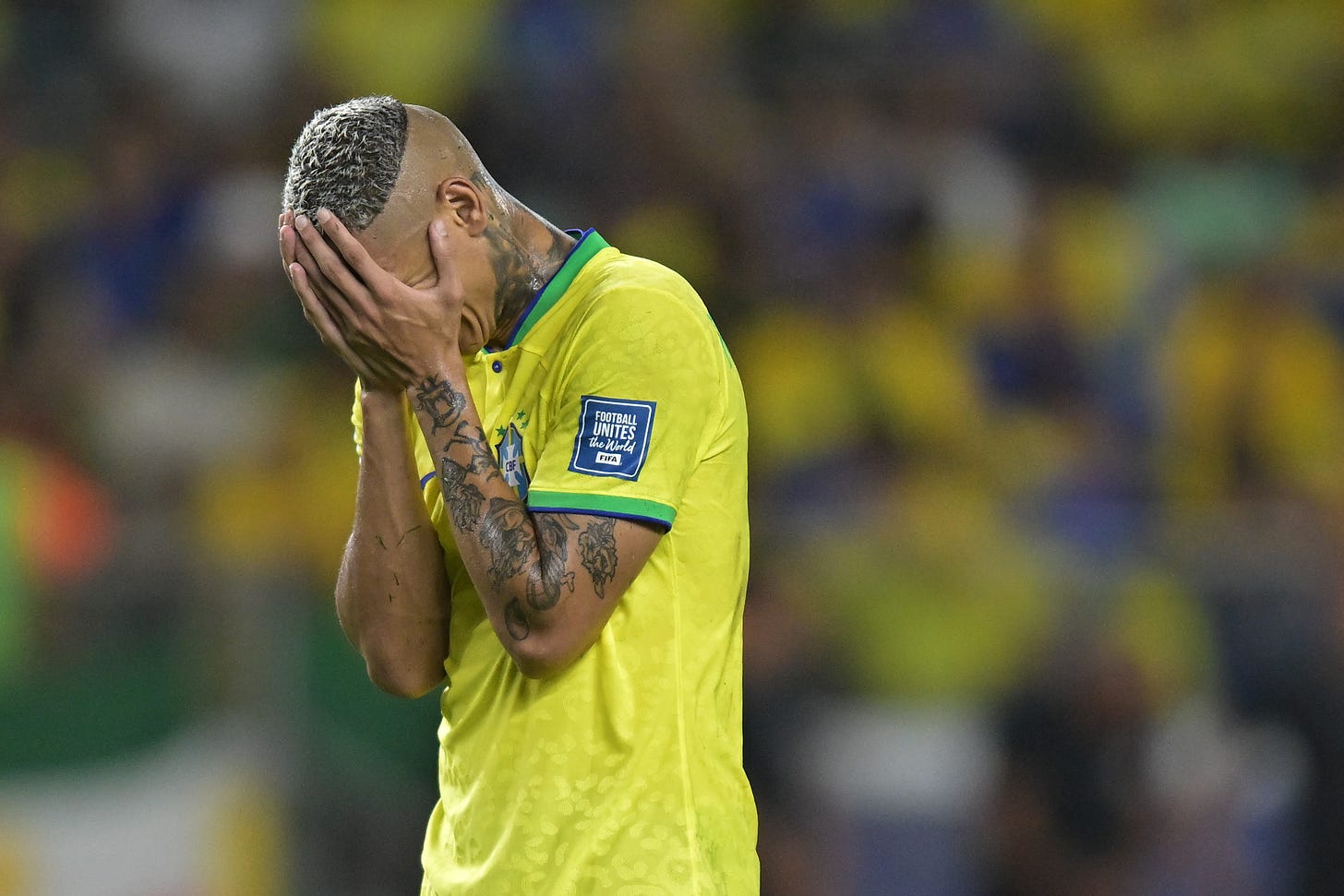 Richarlison pictured looking upset during a Brazil game in September 2023