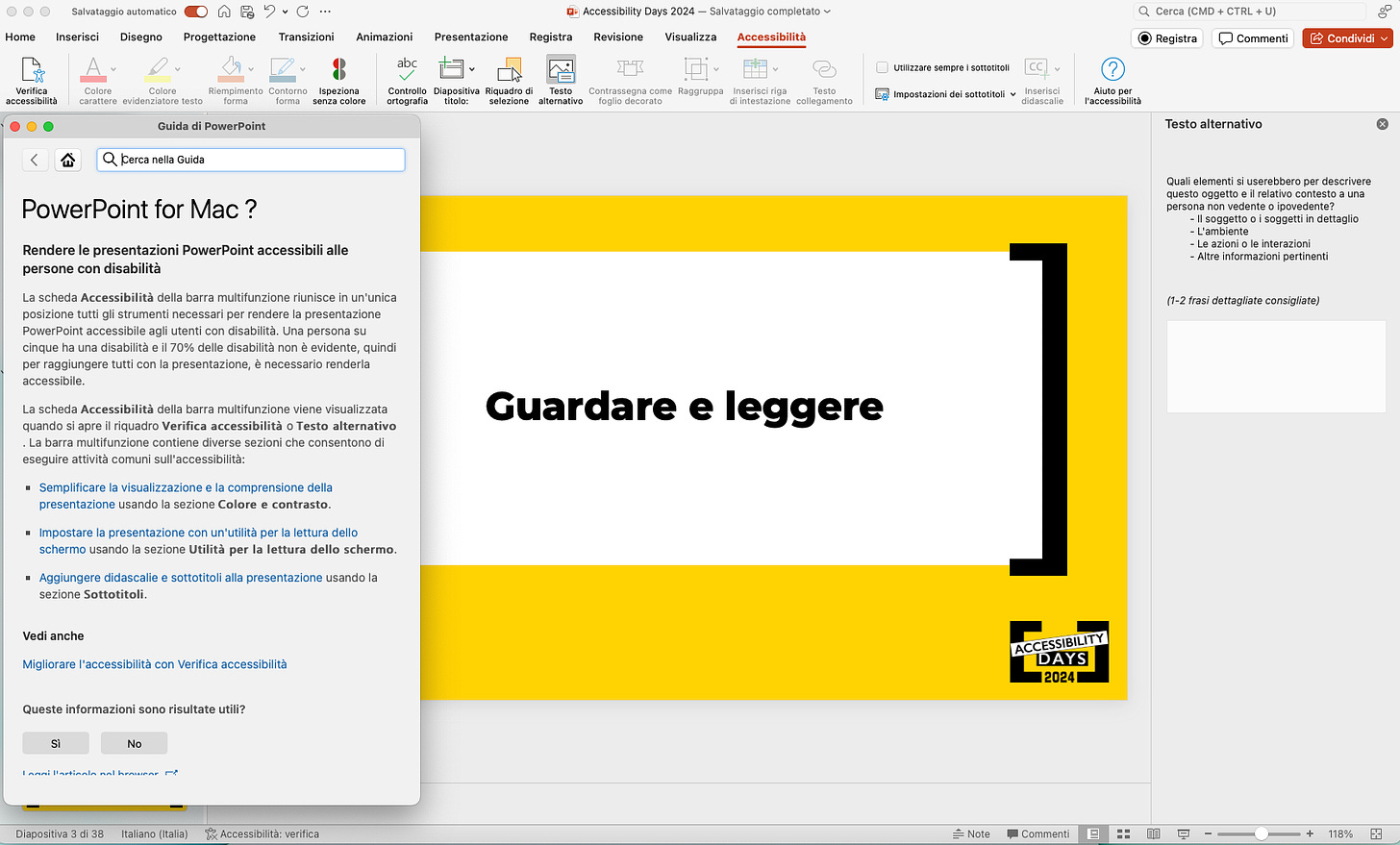 Schermata da PowerPoint, con gli strumenti di Accessibilità in primo piano: la casella di testo per il testo alternativo e la guida agli strumenti di accessibilità aperta sopra la finestra principale.