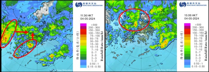 Figure 3 The superimposed effect of two severe thunderstorm areas may occur in Hong Kong (left), but the thunderstorm area will weaken slightly afterwards (right)